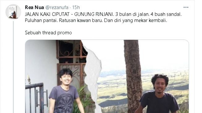 Utas tentang perjalanan dari Ciputat ke Rinjani berjalan kaki (twitter.com/@rezanufa)