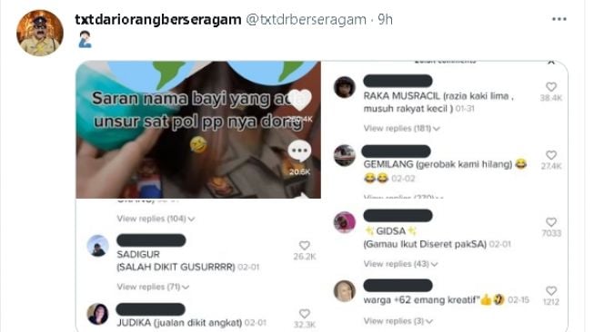 Konten Tiktok nama bayi dengan unsur Satpol PP (twitter.com/@txtdrberseragam)