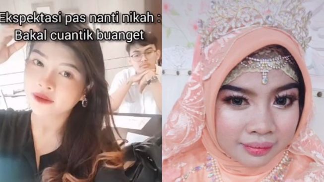 Wanita kecewa lihat hasil makeup di hari pernikahan. (TikTok/@nayclla)