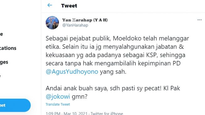 Cuitan Yan Harahap yang mempertanyakan sikap Presiden Joko Widodo.[Twitter/@YanHarahap]