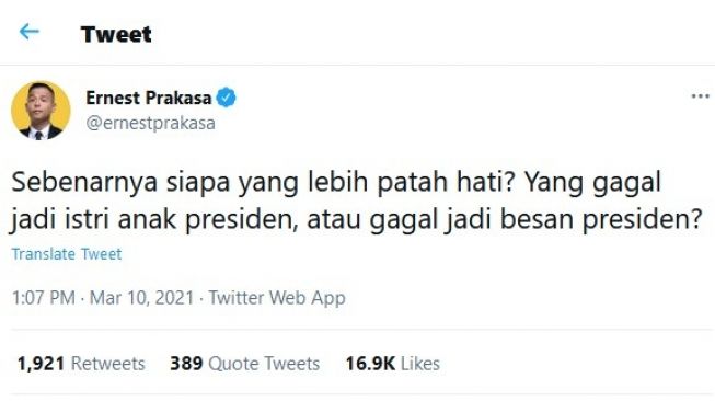 Twit Ernest soal asmara Kaesang Pangarep dan Felicia Tissue [Twitter]