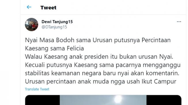 Cuitan Dewi Tanjung soal asmara Putra Presiden Joko Widodo, Kaesang Pangarep dan Felicia Tissue.[Twitter/@DTanjung15]