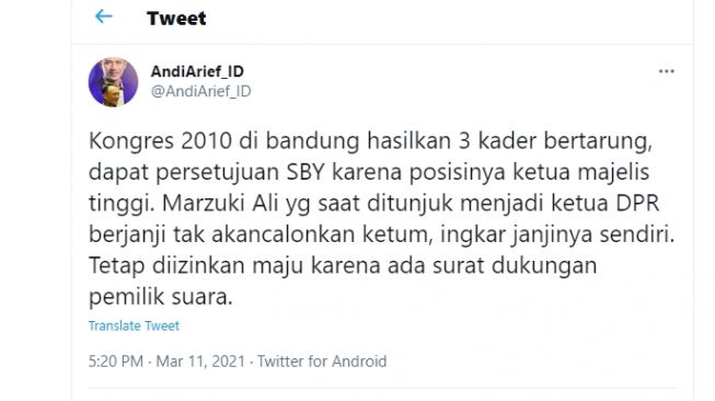 Cuitan Andi Arief soal Kongres Partai Demokrat.[Twitter/@AndiArief_ID]