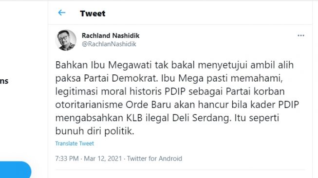 Cuitan Rachland Nashidik yang menyebut Megawati dan PDIP.[Twitter/@RachlanNashidik]