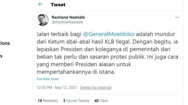 Cuitan Rachland Nashidik soal KLB Partai Demokrat.[Twitter/@RachlanNashidik]