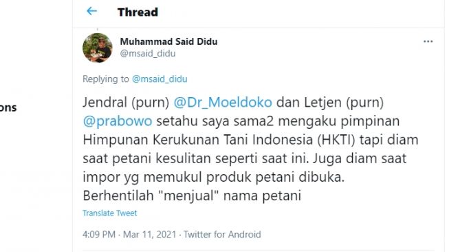 Cuitan Said Didu mengkritik Moeldoko dan Prabowo Subianto.[Twitter/@msaid_didu]