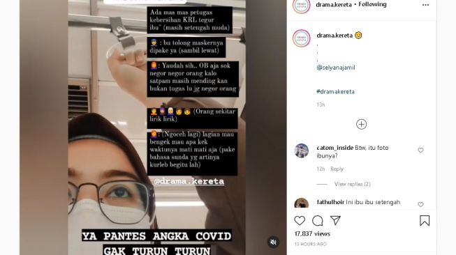 Unggahan soal sikap ibu-ibu saat ditegur tak menggunakan masker oleh petugas kebersihan (instagram)