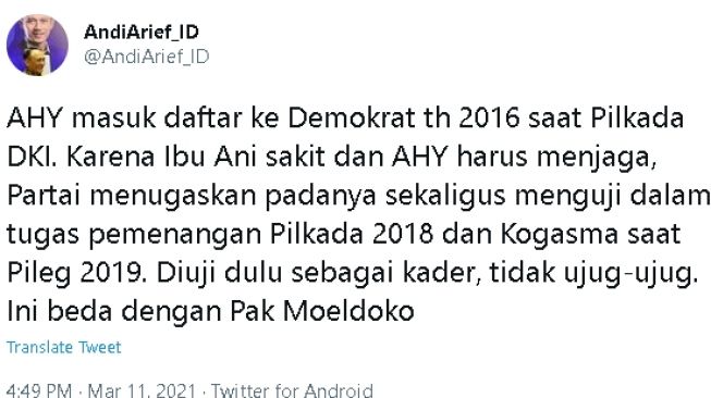 Cuitan Andi Arief soal AHY dan Moeldoko (twitter.com/AndiArief_ID)