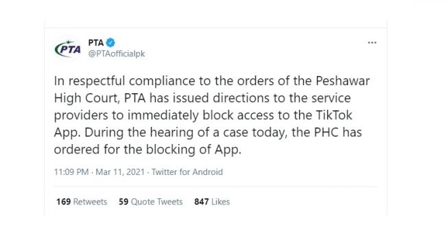 Pemblokiran TikTok di Pakistan kedua kalinya. [Twitter]