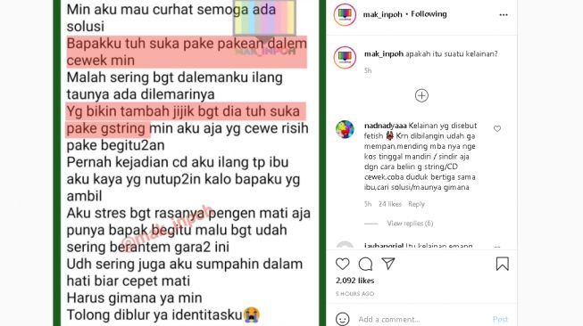 Seorang anak curhat ayahnya suka pakai G-String (Instagram.com/@mak_inpoh)