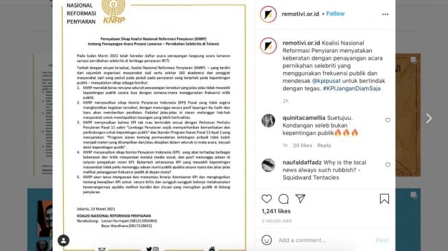 Surat penolakan penayangan acara nikahan artis. (Instagram/@remotivi.or.id)