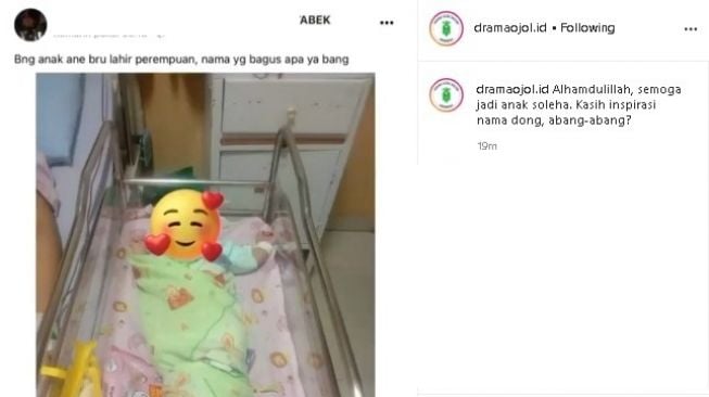 Ojol minta saran nama untuk anaknya yang baru lahir. (Instagram/@dramaojol.id)