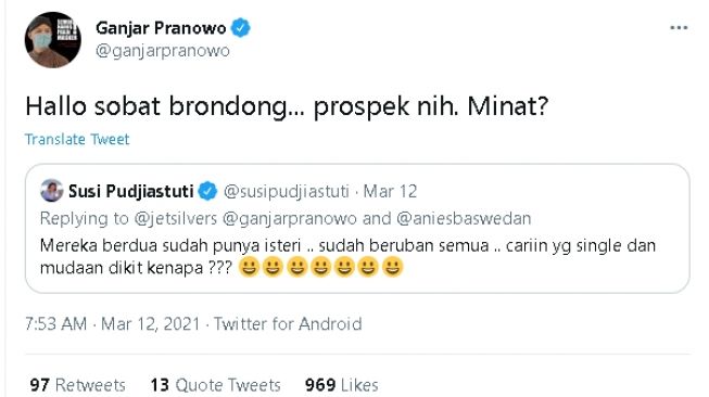 Cuitan Ganjar Pranowo dan Susi Pudjiastuti (twitter)