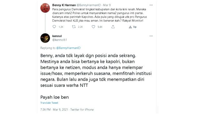 Perang cuitan Benny K Harman dengan warganet (twitter)