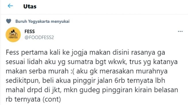 Cuitan salah seorang warganet mengenai harga makanan di Jogja. - (Twitter/@FOODFESS2)