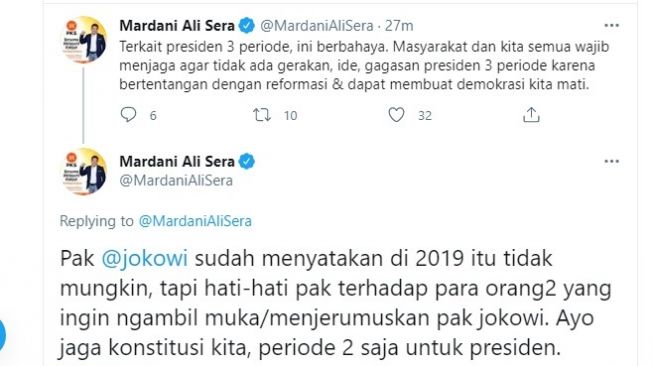 Cuitan Mardani Ali Sera soal wacana presiden tiga periode.[Twitter/@MardaniAliSera]