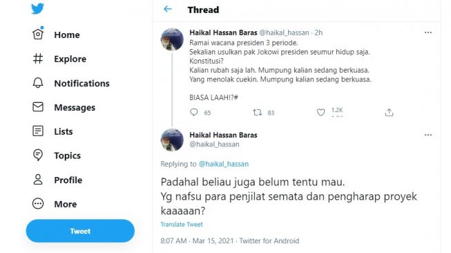 Cuitan Haikal Hassan soal wacana Presiden tiga periode.[Twitter/@Haikal_Hassan]