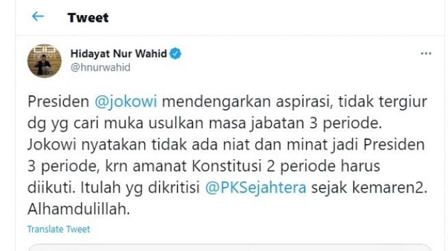 Cuitan Hidayat Nur Wahid soal presiden 3 periode.[Twitter/@hnurwahid]