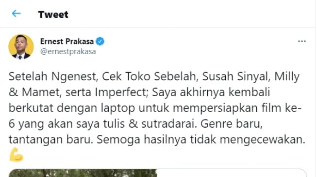 Genre dan Tantangan Baru, Ernest Prakasa Tulis Naskah untuk Film Keenam