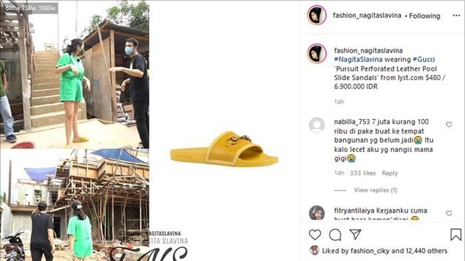 Nagita Slavina blusukan pakai sandal senilai jutaan rupiah. (Instagram/@fashion_nagitaslavina)