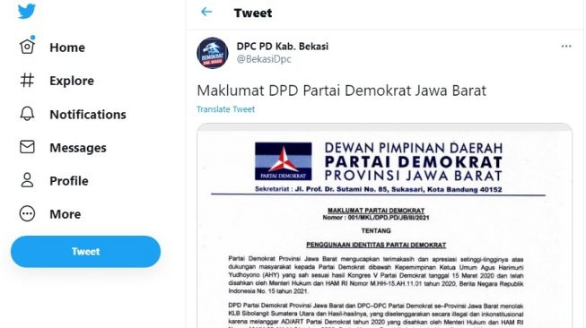 Cuitan akun twitter DPC Partai Demokrat Kabupaten Bekasi.[Twitter/@BekasiDpc]