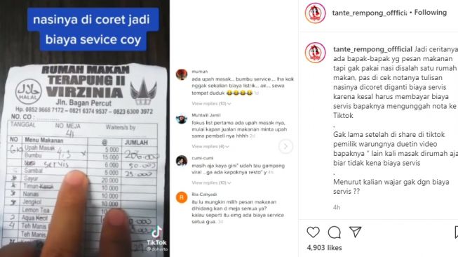 Kekecewaan pembeli saat tahu ada biaya servis di nota. (Instagram/@tante_rempong_offficial)