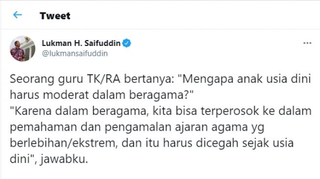 Lukman Saifuddin Tegaskan Islam Moderat Perlu Ditanamkan sejak Dini