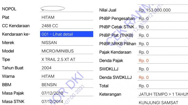 Data kendaraan mobil Sarah Azhari dari laman Ranmor DKI Jakarta (Ranmor DKI Jakarta)