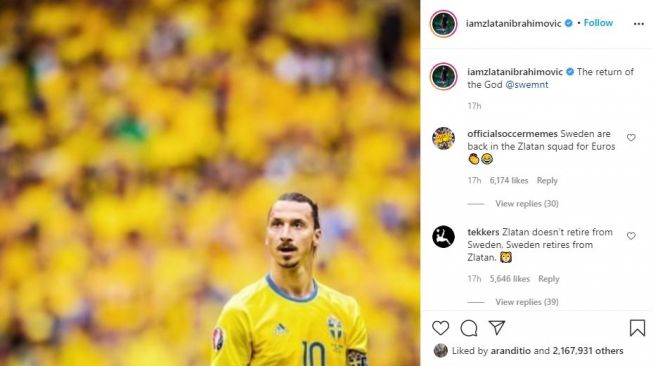 Zlatan Ibrahimovic menulis pernyataan bernada songong yang menyebut bahwa dirinya seorang 'Dewa' usai dipanggil memperkuat Timnas Swedia. (Instagram/iamzlatanibrahimovic)