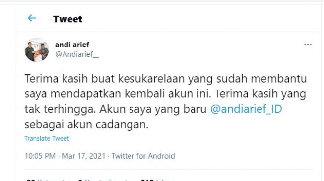 Cuitan Andi Arief di akun twitternya yang disebut sempat diretas.[Twitter/@Andiarief]