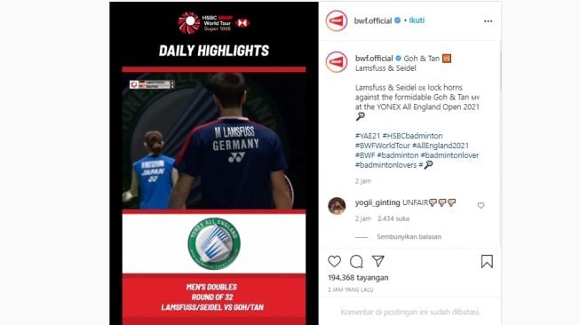 Postingan BWF diserbu warganet Indonesia. [Instagram]