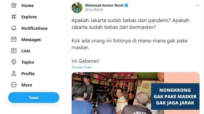 Gubernur DKI Jakarta, Anies Baswedan tak bermasker.[Twitter/@GunRomli]