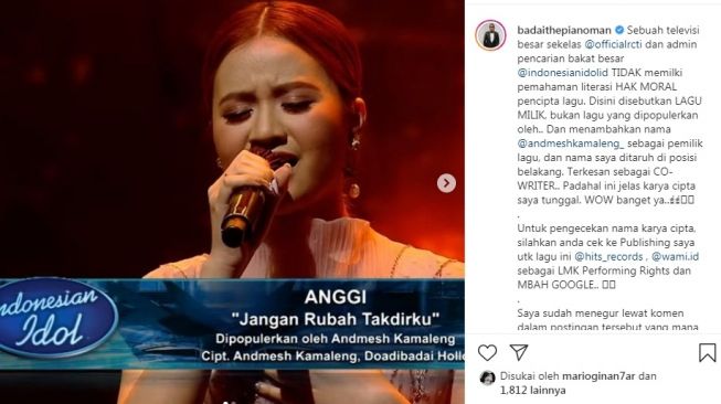 Unggahan Badai eks Kerispatih [Instagram/@badaithepianoman]