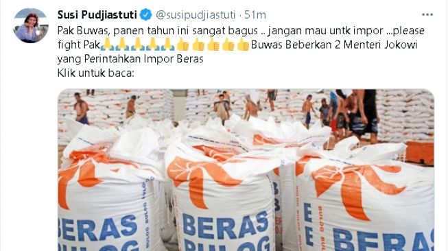 Cuitan Susi Pudjiastuti soal impor beras (twitter)