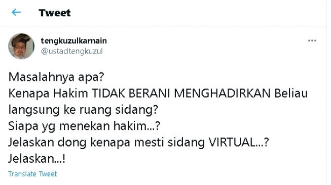 Cuitan Tengku Zul soal sidang HRS (twitter)