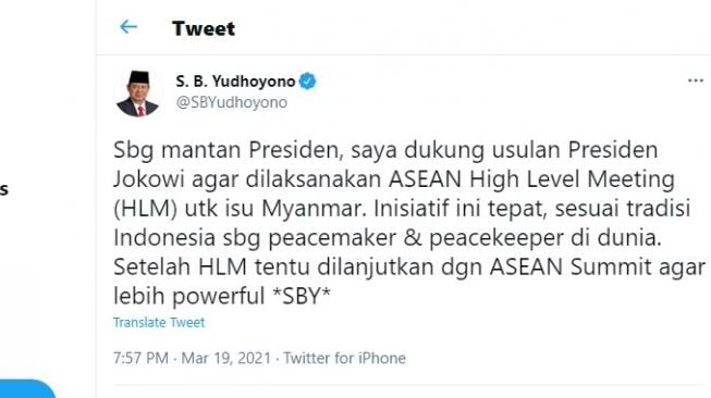 Mantan Presiden RI ke-6 Susilo Bambang Yudhoyono melaksanakan ASEAN HLM.[Twitter/@SBYudhoyono]