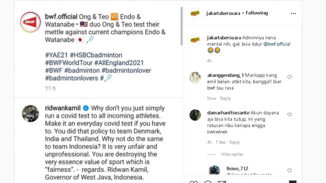 Ridwan Kamil semprot akun BWF (instagram)