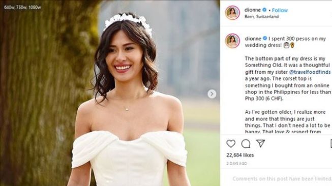 Artis Filipina Dionne Monsanto pakai gaun pengantin Rp89 ribu. (Instagram/@dionne)