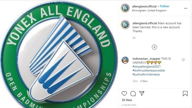 Panitia All England dikabarkan langsung membuat akun baru usai akun resmi mereka menghilang di Instagram. [tangkapan layar Instagram@allengland.official]