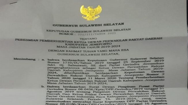 Salmawati Dicopot dari Jabatan Ketua DPRD Jeneponto