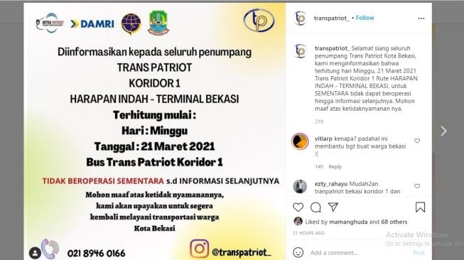 Pengumuman Bus Transpatriot Bekasi koridor 1 rute Harapan Indah-Terminal Bekasi disetop sementara.[Instagram/@transpatriot_]