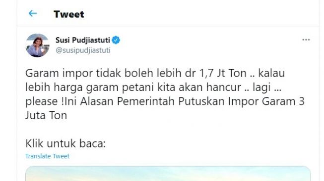 Cuitan Susi Pudjiastuti soal impor garam.[Twitter/@SusiPudjiastuti]