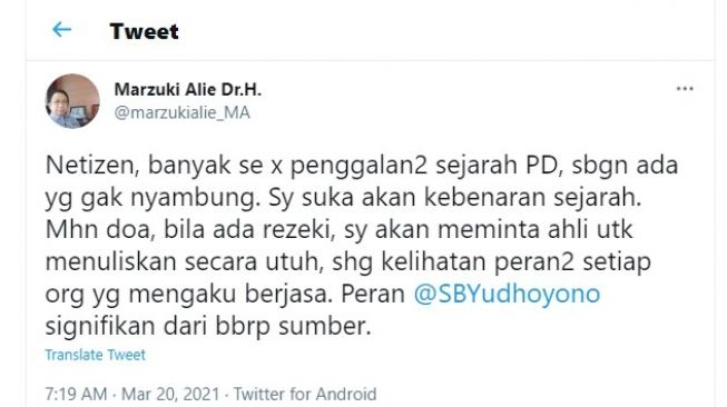 Cuitan Marzuki Alie tentang rencana meminta ahli untuk menuliskan sejarah Partai Demokrat.[Twitter/@marzukialie_MA]