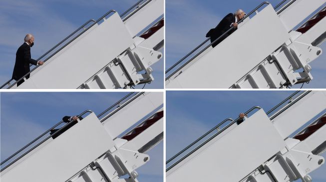 Kombinasi foto yang menunjukan Presiden AS Joe Biden tersandung saat menaiki pesawat kepresidenan Air Force Ond di Pangkalan Gabungan Andrews, Maryland, 19 Maret 2021.  ERIC BARADAT / AFP