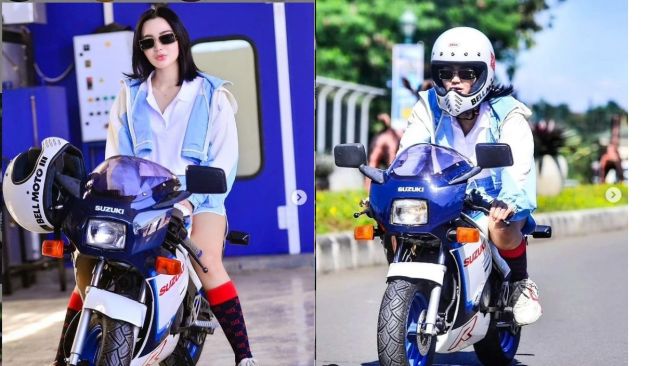 Wika Salim riding dengan motor mini dari Suzuki (Instagram)