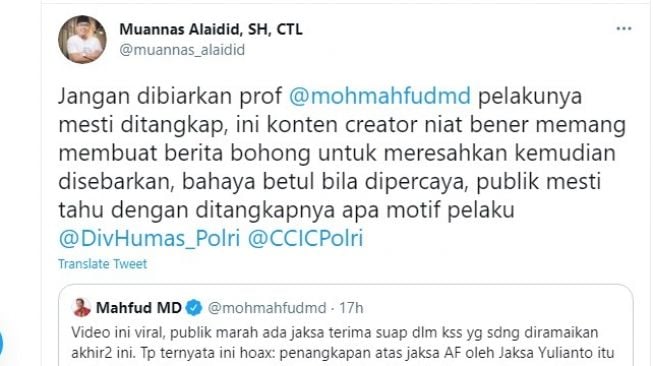 Cuitan Muannas Alaidid tentang video hoax penangkapan jaksa kasus HRS.[Twitter/@muannas_alaidid]