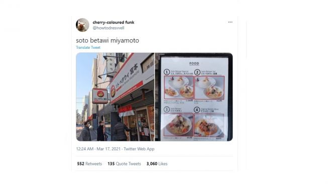 Soto Betawi di Jepang harganya bikin melongo. [Twitter]