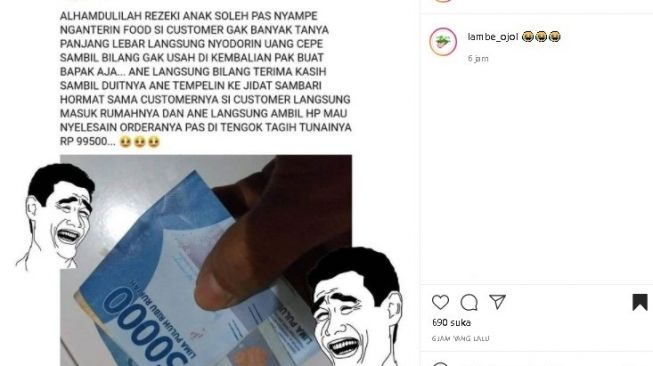 Ojol terlanjur girang dapat tip dari customer. (Instagram/@lambe_ojol)