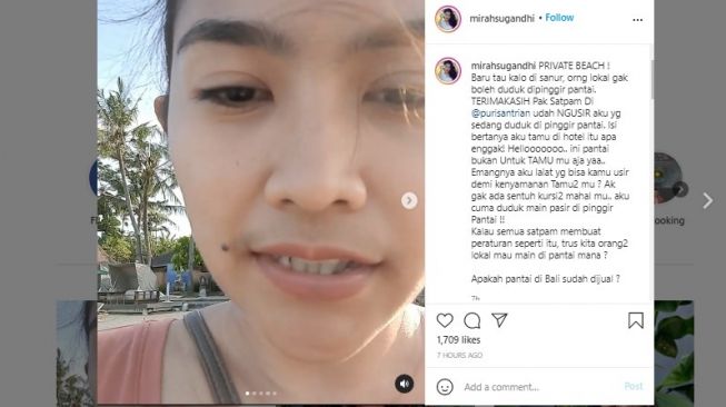 Viral warga Bali diusir dari pantai di Puri Santrian Sanur Bali dengan alasan pantai itu privat milik Hotel Puri Santrian. Warga Bali yang curhat itu adalah Mirah Sugandhi.