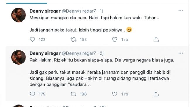 Cuitan Denny Siregar memberikan kritikan dikabulkannya permintaan Rizieq Shihab. [Twitter]